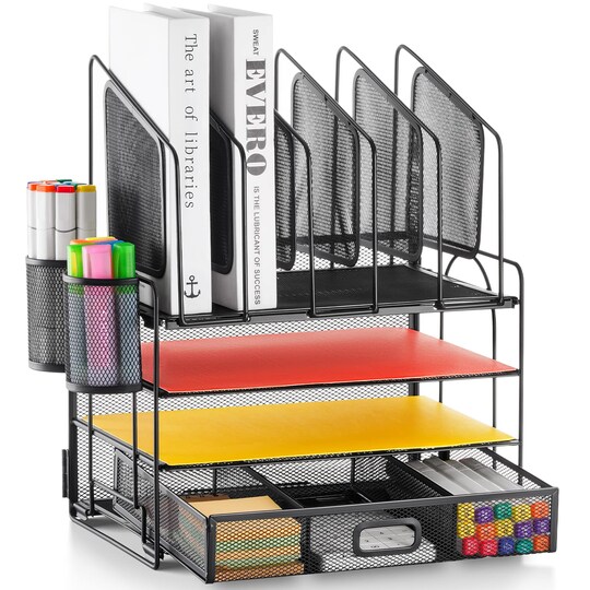 Marbrasse; Marbrasse Desk Organizer with Drawer, 4-Tier Mesh Desk File Organizer with 5 Vertical File Holders and 2 Pen Holders, Multifunction Desktop Organizer; Category:Desktop Storage; Image:1